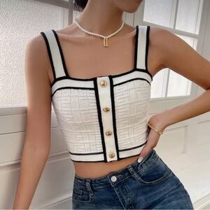 New Chic White and Black Crop Top with Gold Buttons